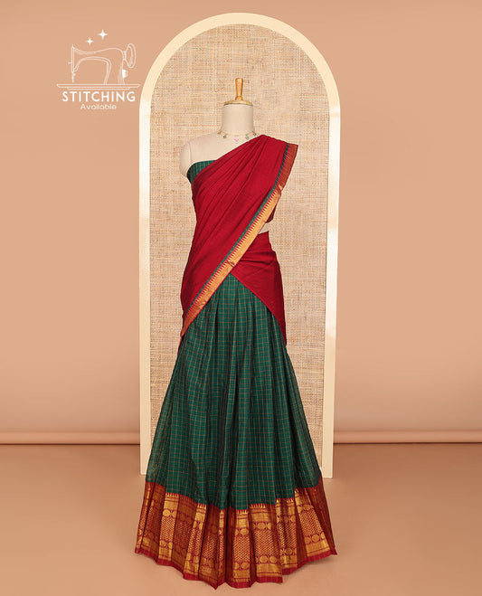 Dark green checked half saree with contrast zari design border, zari design blouse & plain, zari design border dhavani