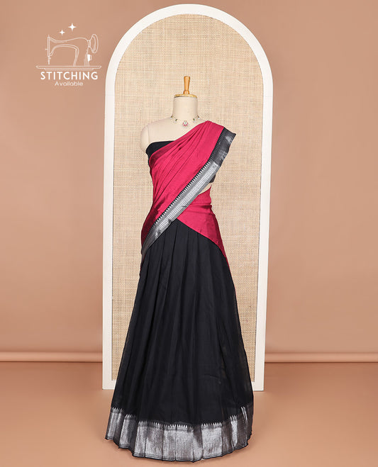Black cotton half saree with contrast intricate zari design border, zari design blouse & zari design border dhavani
