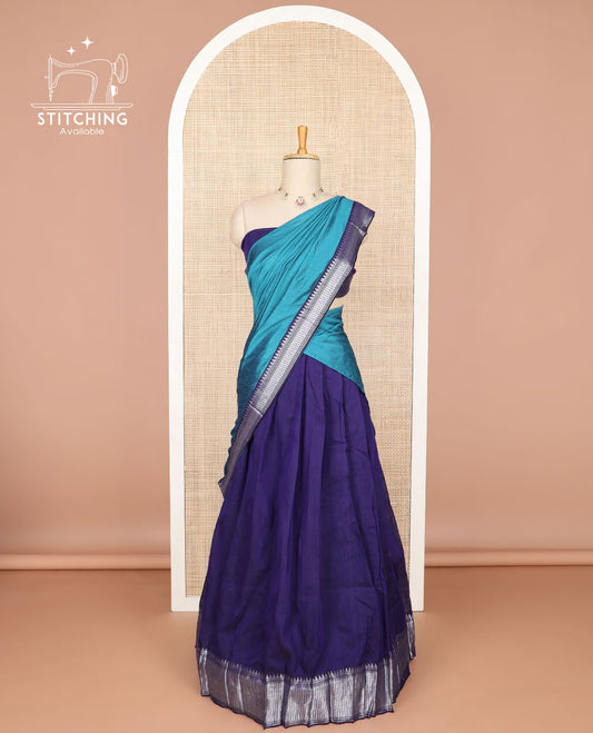 Dark blue cotton half saree with contrast zari design border, zari design blouse & zari design border dhavani