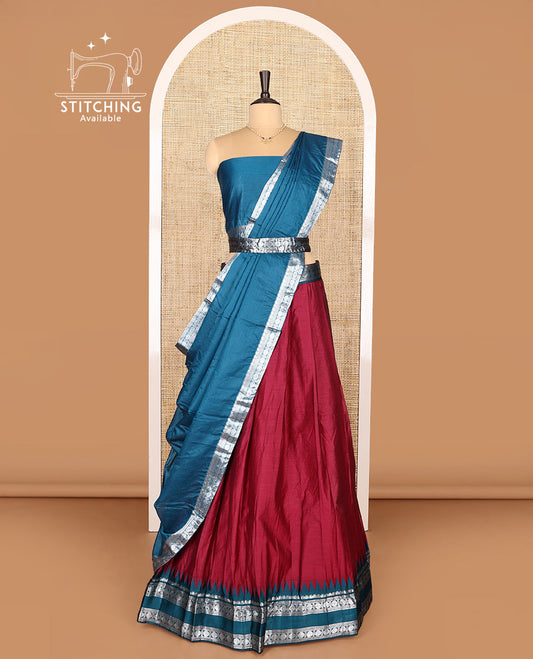 Wine Art Silk Half-Saree Featuring Plain Skirt, Complemented by Contrast Traditional Zari Design Rettai Pettu Temple Border, Paired with a Contrast Blouse, Contrast Zari-Bordered Dhavani and Brocade Belt