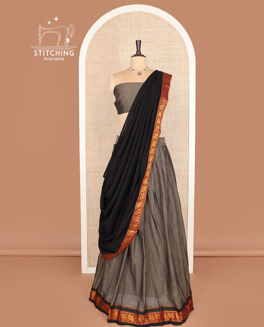 Grey cotton half-saree, plain with contrast traditional zari elephant motifs border skirt, matching blouse, and a contrast zari border dhavani
