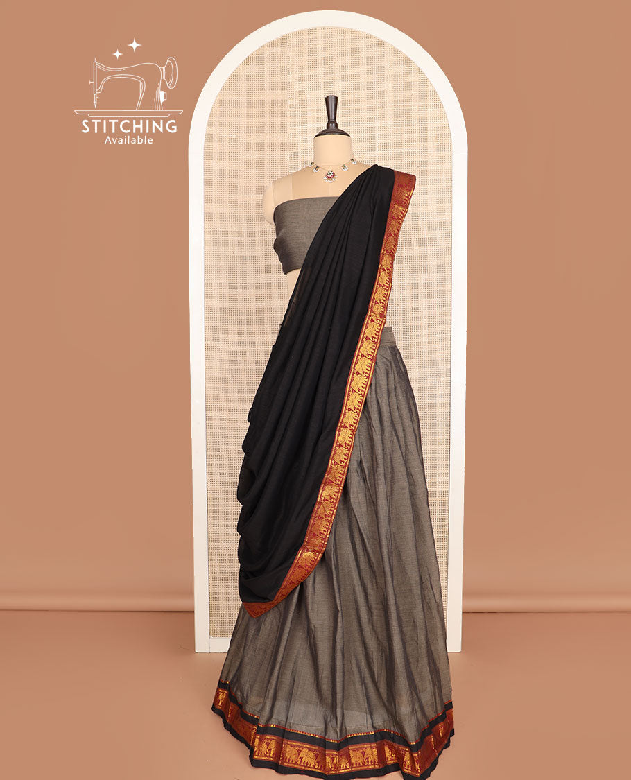 Grey cotton half-saree, plain with contrast traditional zari elephant motifs border skirt, matching blouse, and a contrast zari border dhavani
