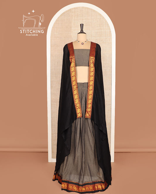 Grey cotton half-saree, plain with contrast traditional zari elephant motifs border skirt, matching blouse, and a contrast zari border dhavani