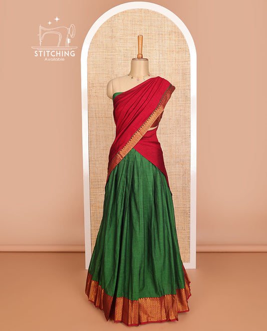 Dark green cotton half saree with contrast traditional zari design border, zari design blouse & plain, zari design border dhavani