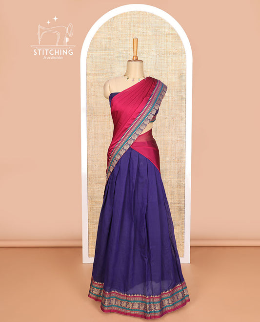 Blue cotton half saree with contrast zari design border, zari design blouse & plain , intricate zari design border dhavani
