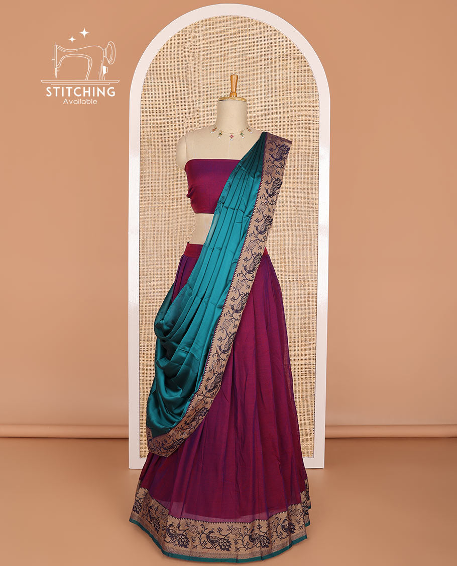 dark pink cotton half saree with contrast peacock motifs border, peacock design blouse & peacock design border dhavani