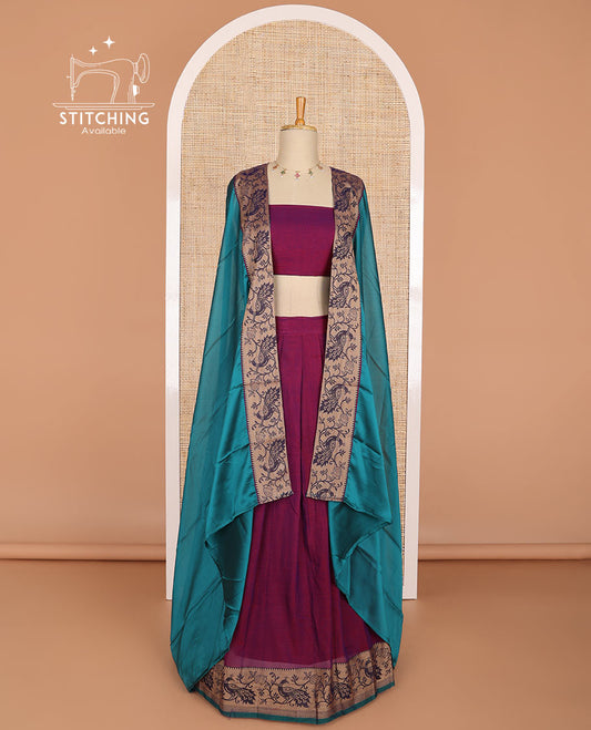 dark pink cotton half saree with contrast peacock motifs border, peacock design blouse & peacock design border dhavani
