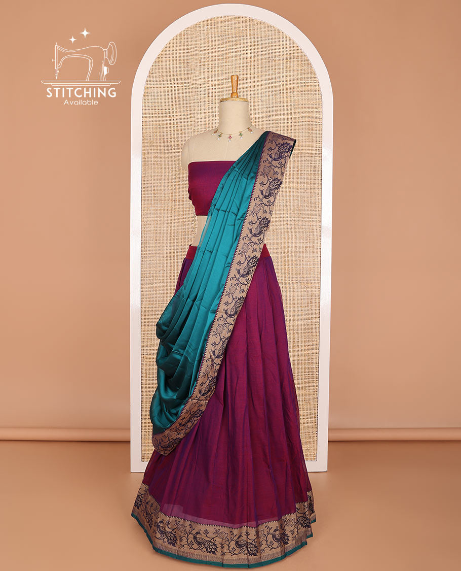 dark pink cotton half saree with contrast peacock motifs border, peacock design blouse & peacock design border dhavani