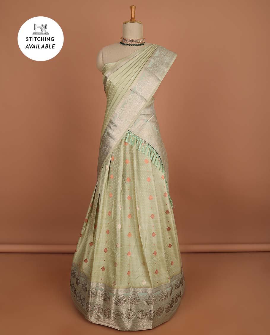 Green floral buttas half sare with contrast zari border, zari design blouse & intricate zari design dhavani