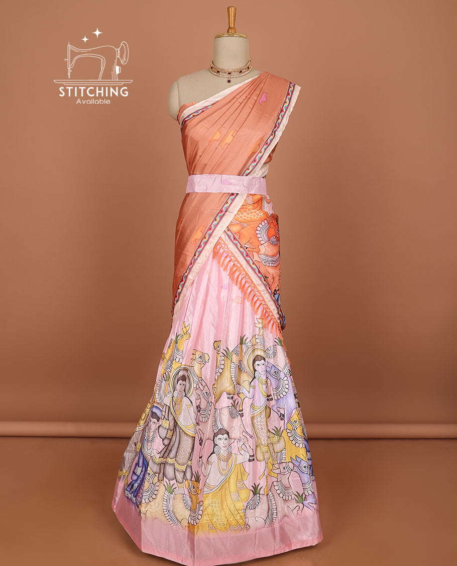 Pink pichwai design half saree with contrast border, unique design blouse & pichwai design dhavani