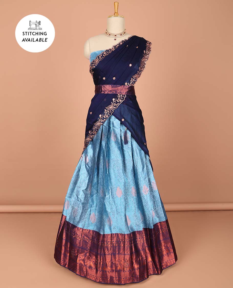 Brown floral stone embroidered half saree contrast stone embroidered border , zari design blouse & intricate stone embroidery dhavani