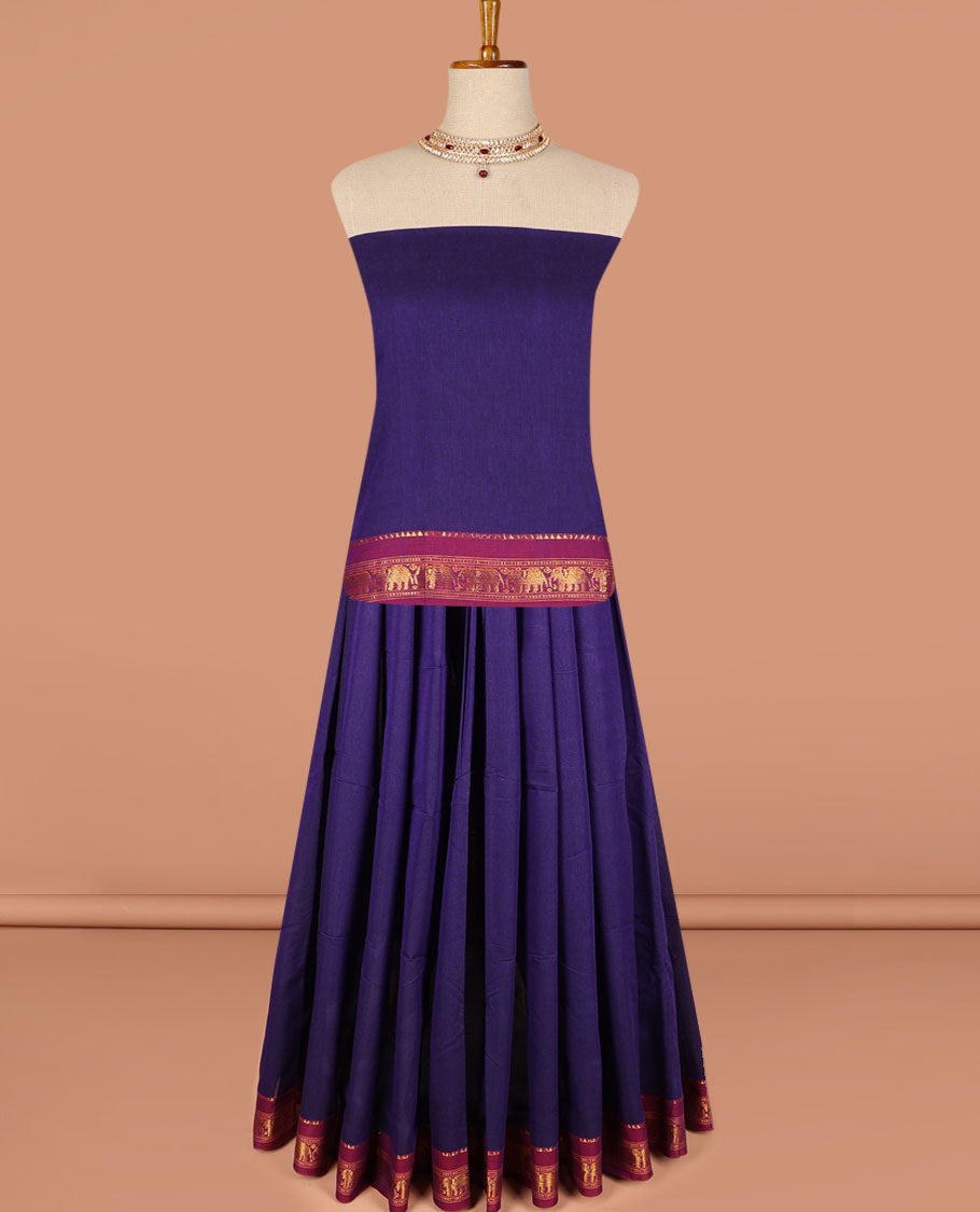 Purple cotton half saree contrast zari border with plain blouse & plain dhavani with contrast elephant zari border