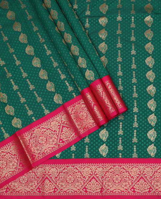 Bottle green art silk pavadai material set, zari design pavadai, contrast blouse & traditional zari border