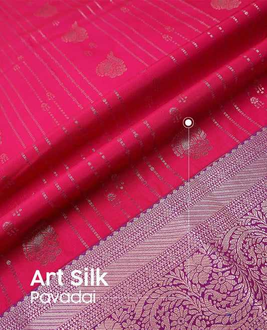 Red art silk pavadai material, zari design with contrast traditional zari bordered skirt, and a contrast bordered blouse