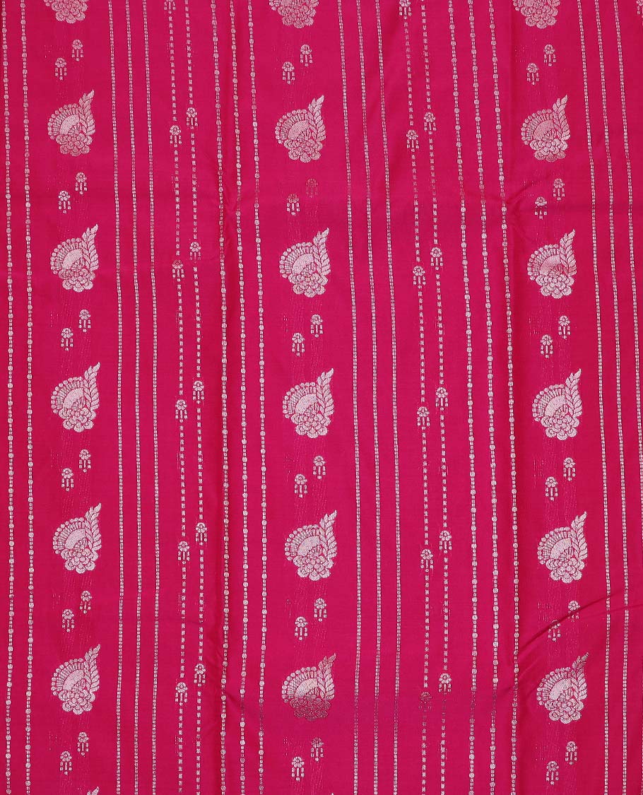 Red art silk pavadai material, zari design with contrast traditional zari bordered skirt, and a contrast bordered blouse