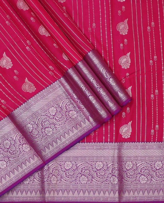 Red art silk pavadai material, zari design with contrast traditional zari bordered skirt, and a contrast bordered blouse