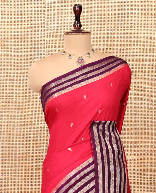Red Assam Silk Saree, Embellished with Zari Buttas, Complemented by Contrast Traditional Zari Border, Striped Pallu, and Contrast Blouse