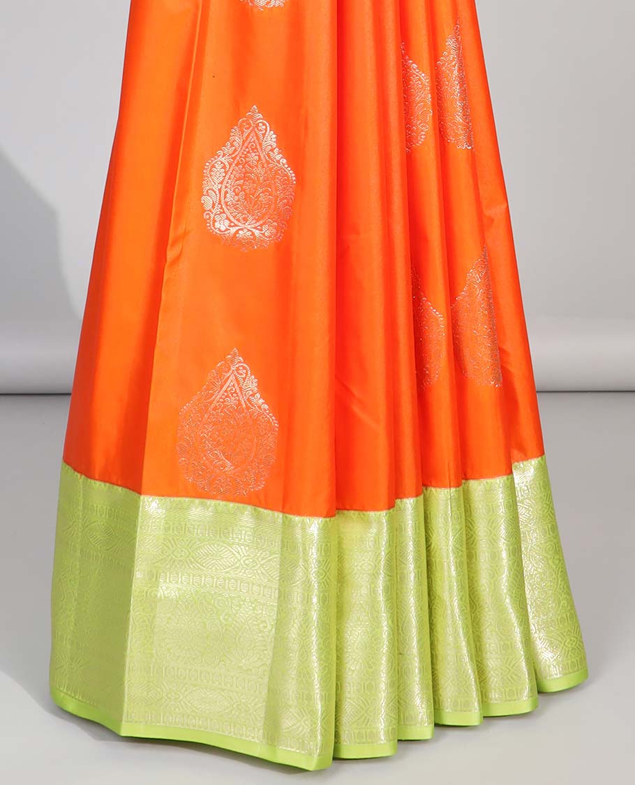 Orange floral motifs gift saree with contrast paisley border & intricate zari design pallu