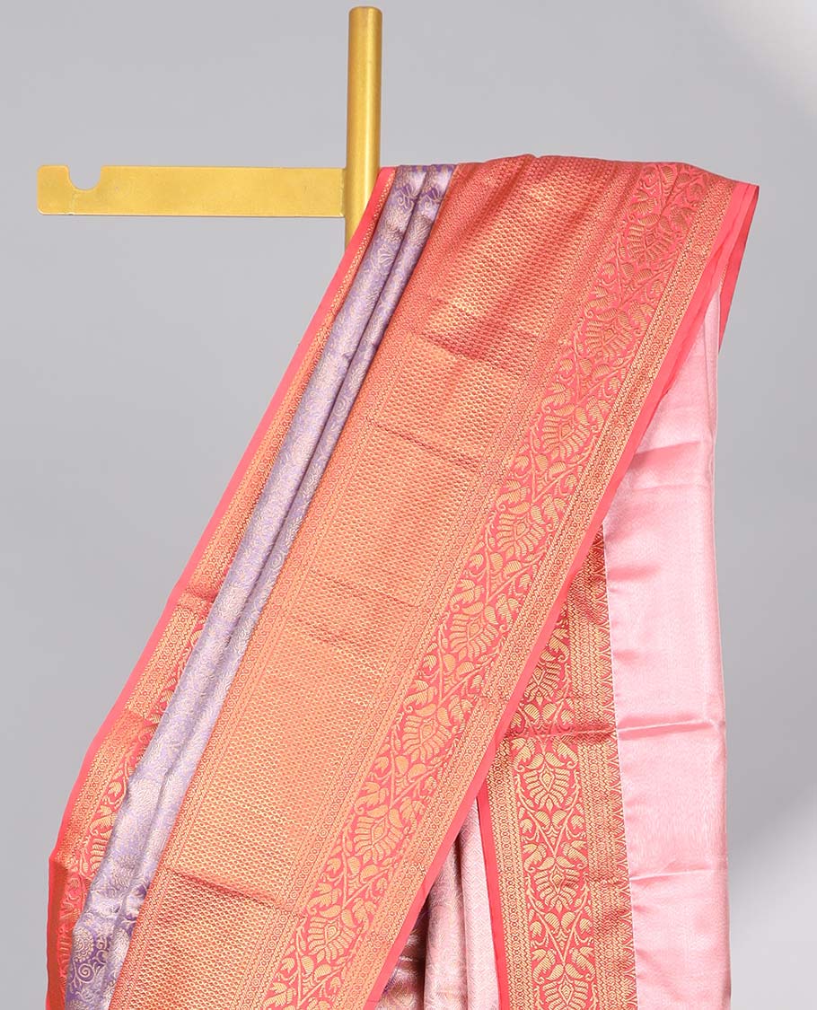 Lavender floral jacquard budget silk saree with contrast floral zari border & intricate zari design pallu