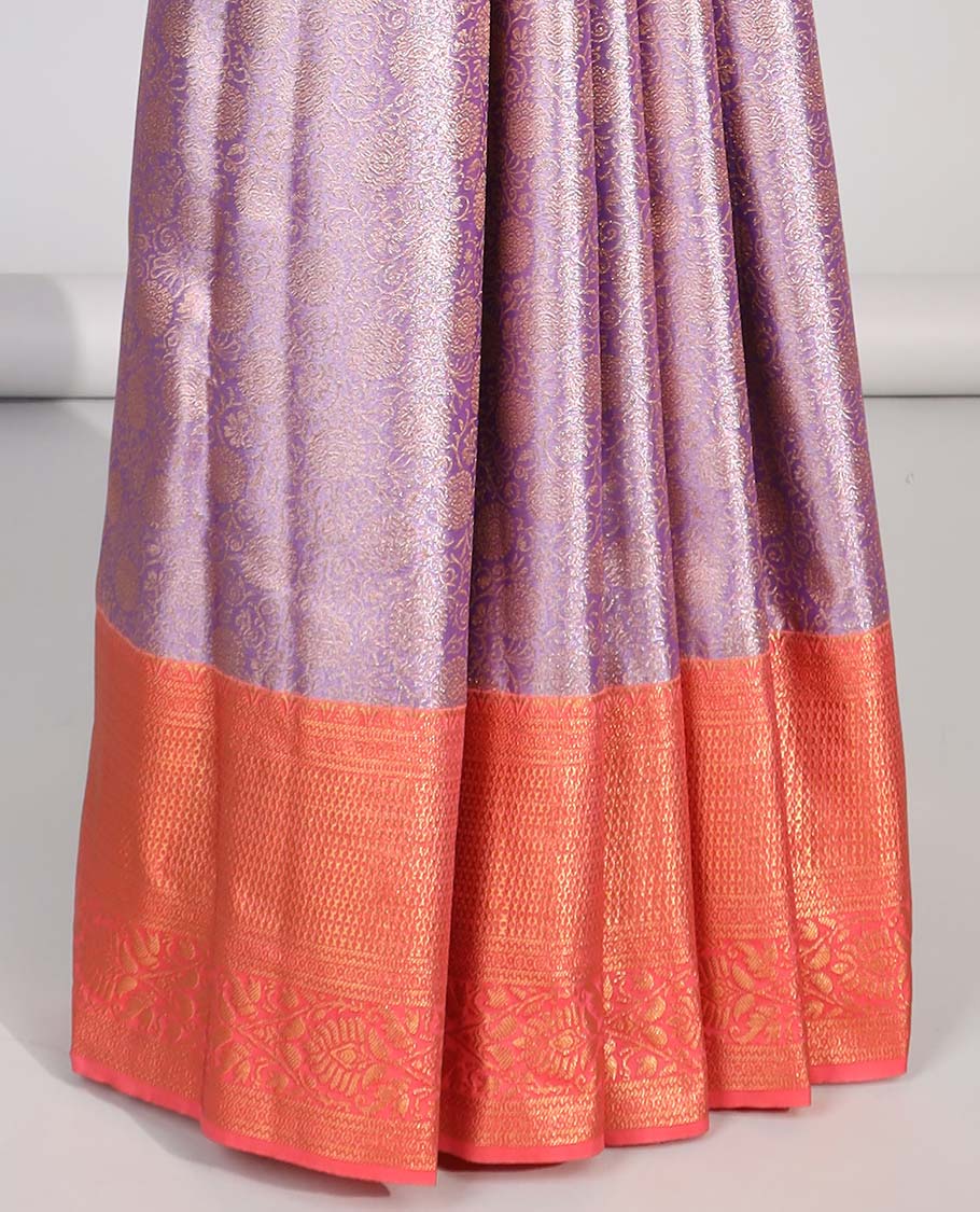 Lavender floral jacquard budget silk saree with contrast floral zari border & intricate zari design pallu