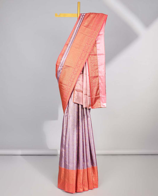 Lavender floral jacquard budget silk saree with contrast floral zari border & intricate zari design pallu