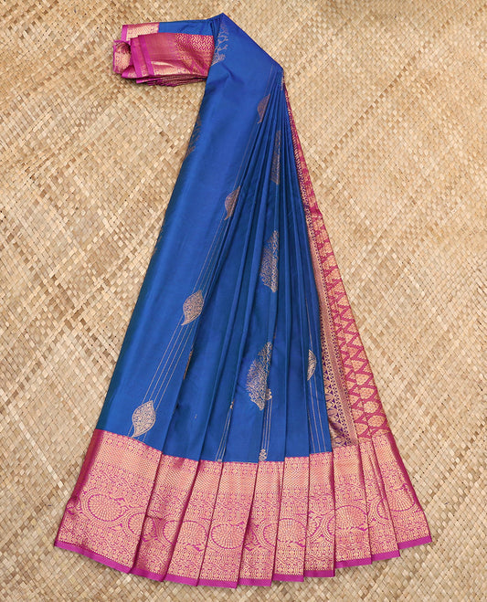 Blue Budget Silk Saree Gracefully Embellished with Zari Designs, Complemented by a Contrast Traditional Zari-Design Border, Featuring a Heavy Embellished Jaal Pallu, and a Contrast Blouse