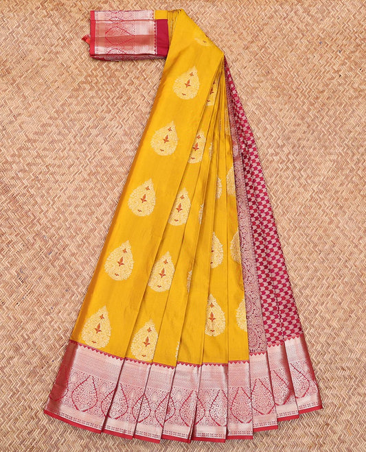 Yellow Budget Silk Saree, Beautifully Bedecked with Zari Buttas All Over Its Body, Complemented by a Contrast Traditional Zari Design Border, Pallu of Geometric Designs, and Paired with a Contrast Blouse