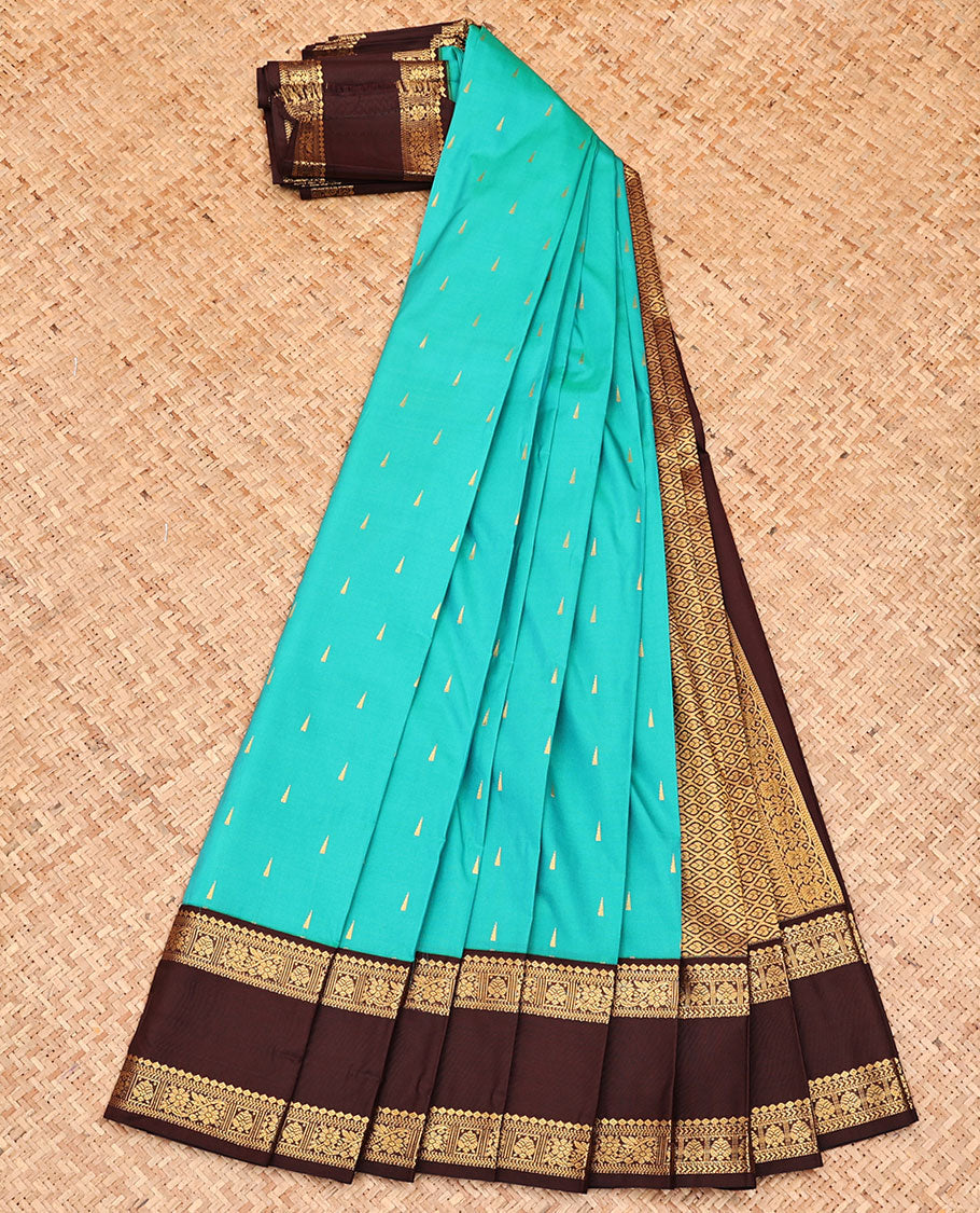Blue Budget Silk Saree, Embellished with Temple Zari Buttas All Over Its Body, Complemented by a Contrast Traditional Zari Design Border, Pallu of Jaal Design, and Paired with a Contrast Blouse