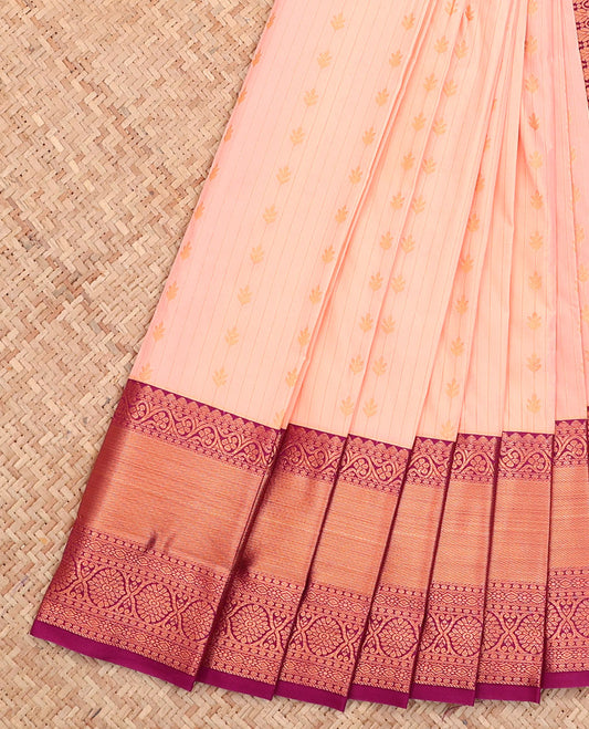 Peach Budget Silk Saree, Featuring Stripes All Over Its Body, Complemented by a Contrast Traditional Zari Design Border, Grand Pallu, and Paired with a Contrast Blouse