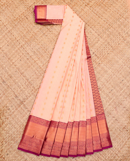 Peach Budget Silk Saree, Featuring Stripes All Over Its Body, Complemented by a Contrast Traditional Zari Design Border, Grand Pallu, and Paired with a Contrast Blouse