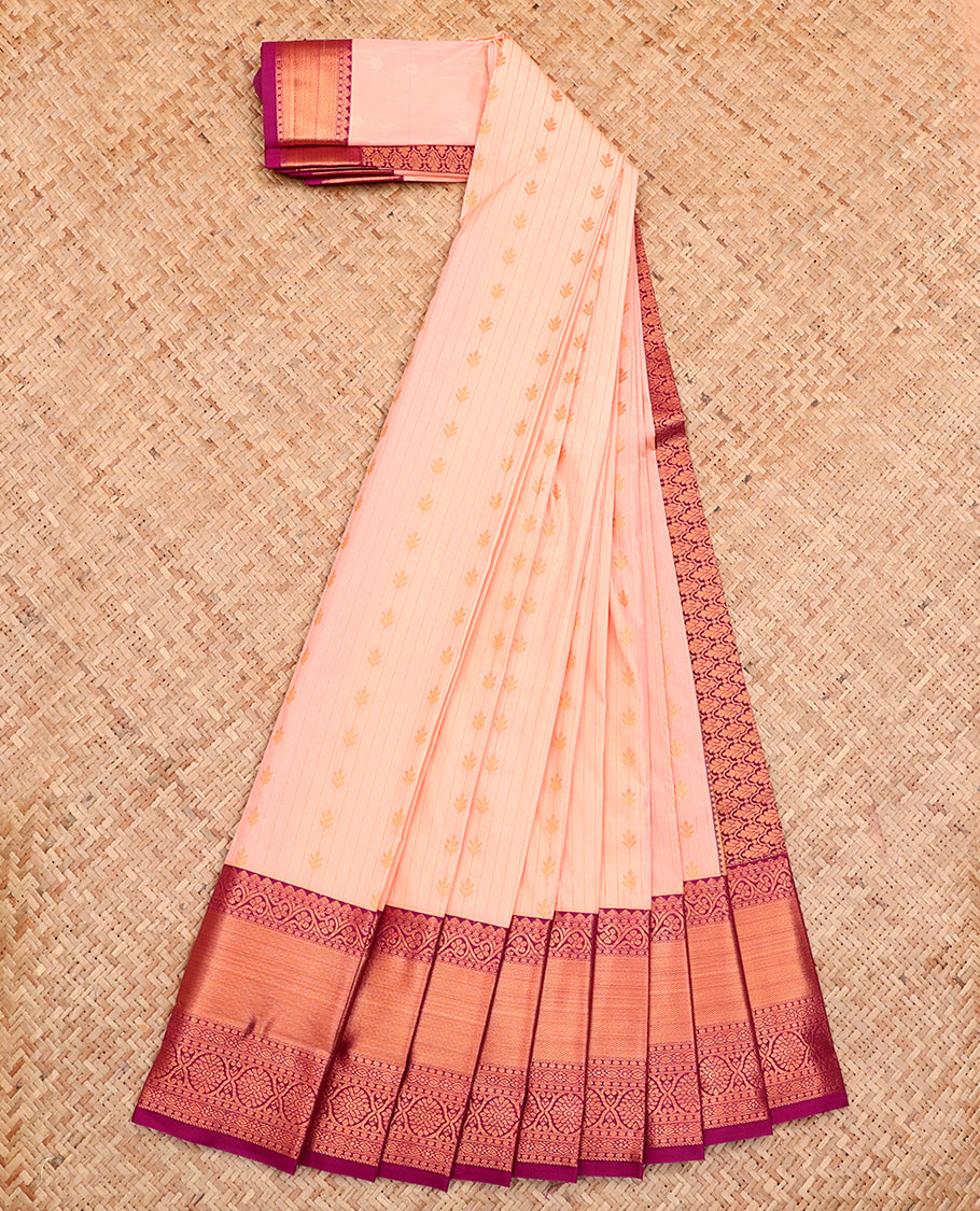 Peach Budget Silk Saree, Featuring Stripes All Over Its Body, Complemented by a Contrast Traditional Zari Design Border, Grand Pallu, and Paired with a Contrast Blouse