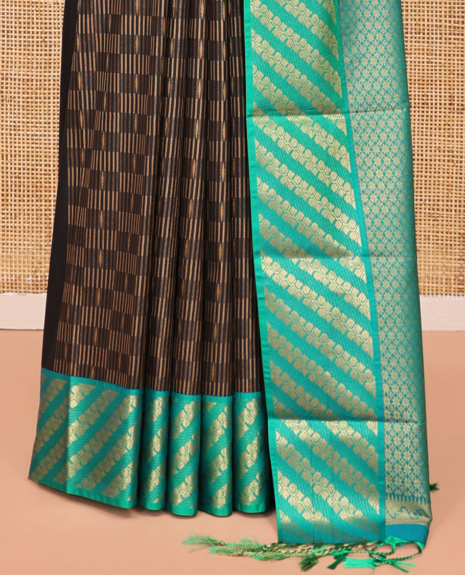Black Budget Silk Saree, Elevated with Zari Checks, Complemented by Contrast Floral Creeper Border, Intricately Designed Pallu, and a Contrast Blouse