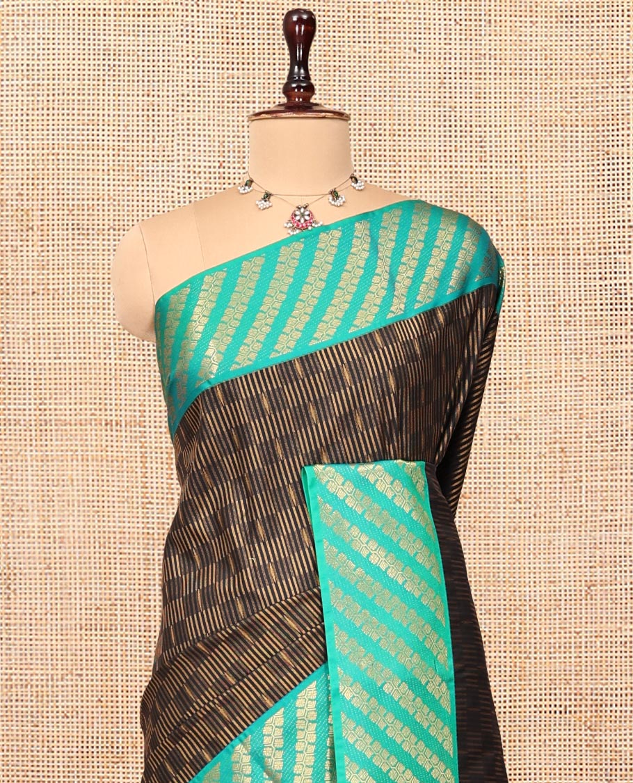 Black Budget Silk Saree, Elevated with Zari Checks, Complemented by Contrast Floral Creeper Border, Intricately Designed Pallu, and a Contrast Blouse