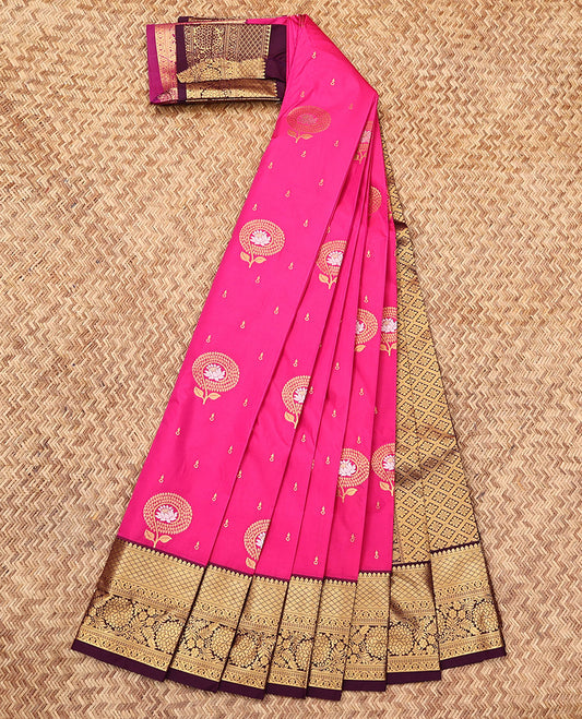 Rani Pink Budget Silk Saree, Decked Up with Zari Buttas, Complemented by a Contrast Traditional Zari Border, Jaal Pallu, and a Contrast Blouse