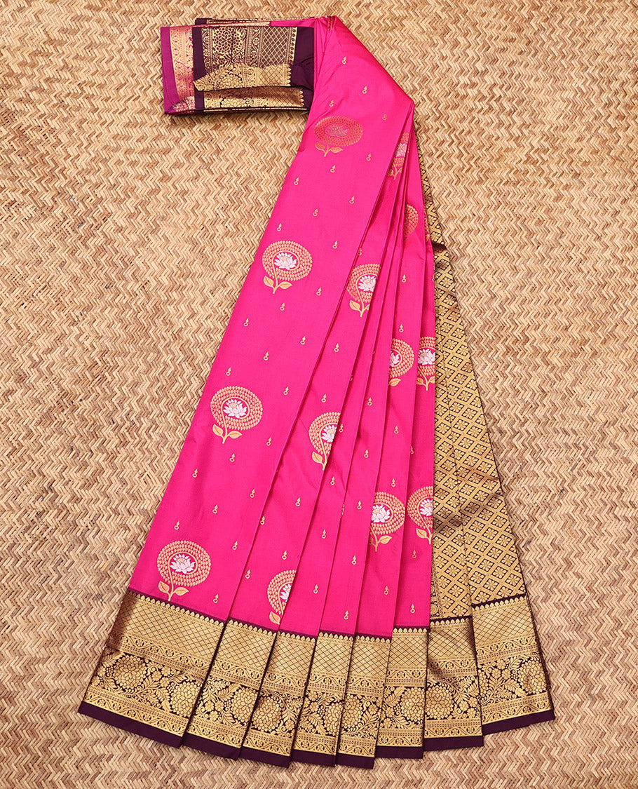 Rani Pink Budget Silk Saree, Decked Up with Zari Buttas, Complemented by a Contrast Traditional Zari Border, Jaal Pallu, and a Contrast Blouse
