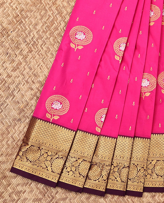 Rani Pink Budget Silk Saree, Decked Up with Zari Buttas, Complemented by a Contrast Traditional Zari Border, Jaal Pallu, and a Contrast Blouse