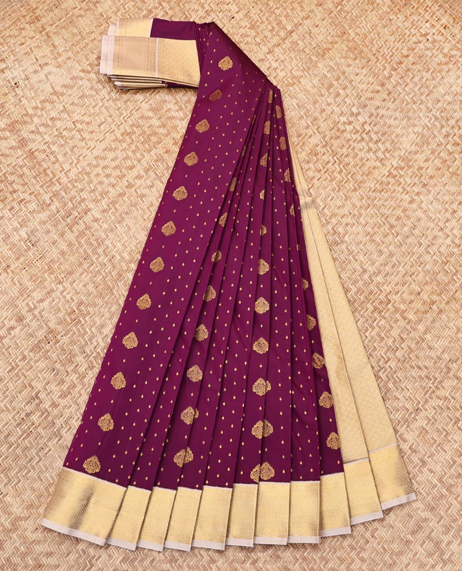 Wine Budget Silk Saree, Embellished with Zari Buttas, Complemented by a Contrast Traditional Zari Border, Jaal Pallu, and a Contrast Blouse