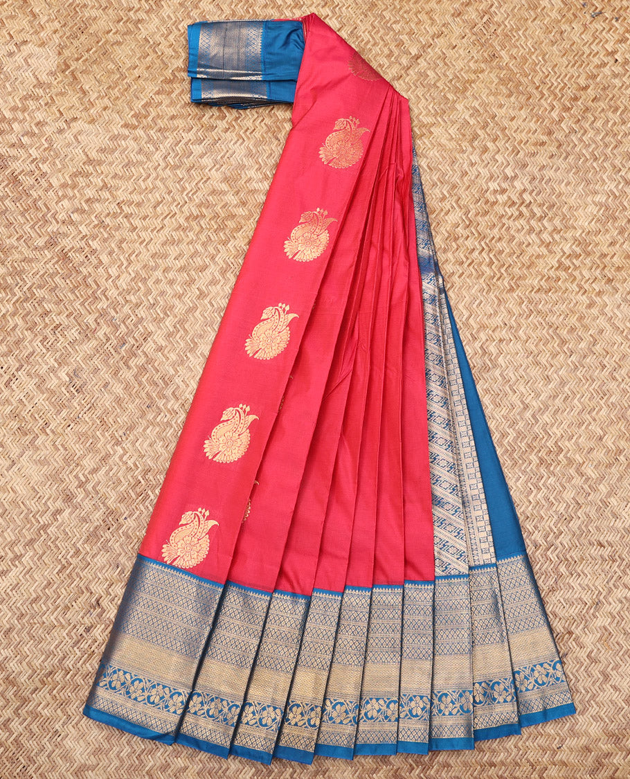Red Budget Silk Saree, Spotlighted with Zari Buttas, Complemented by a Contrast Traditional Zari Border, Grand Pallu, and a Contrast Blouse