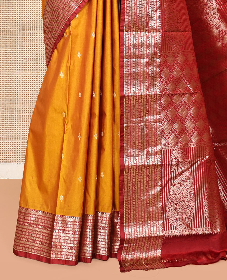 Orange Budget Silk Saree, Graced with Zari Buttas, Complemented by a Contrast Traditional Zari Border, Jaal Pallu, and Contrast Blouse