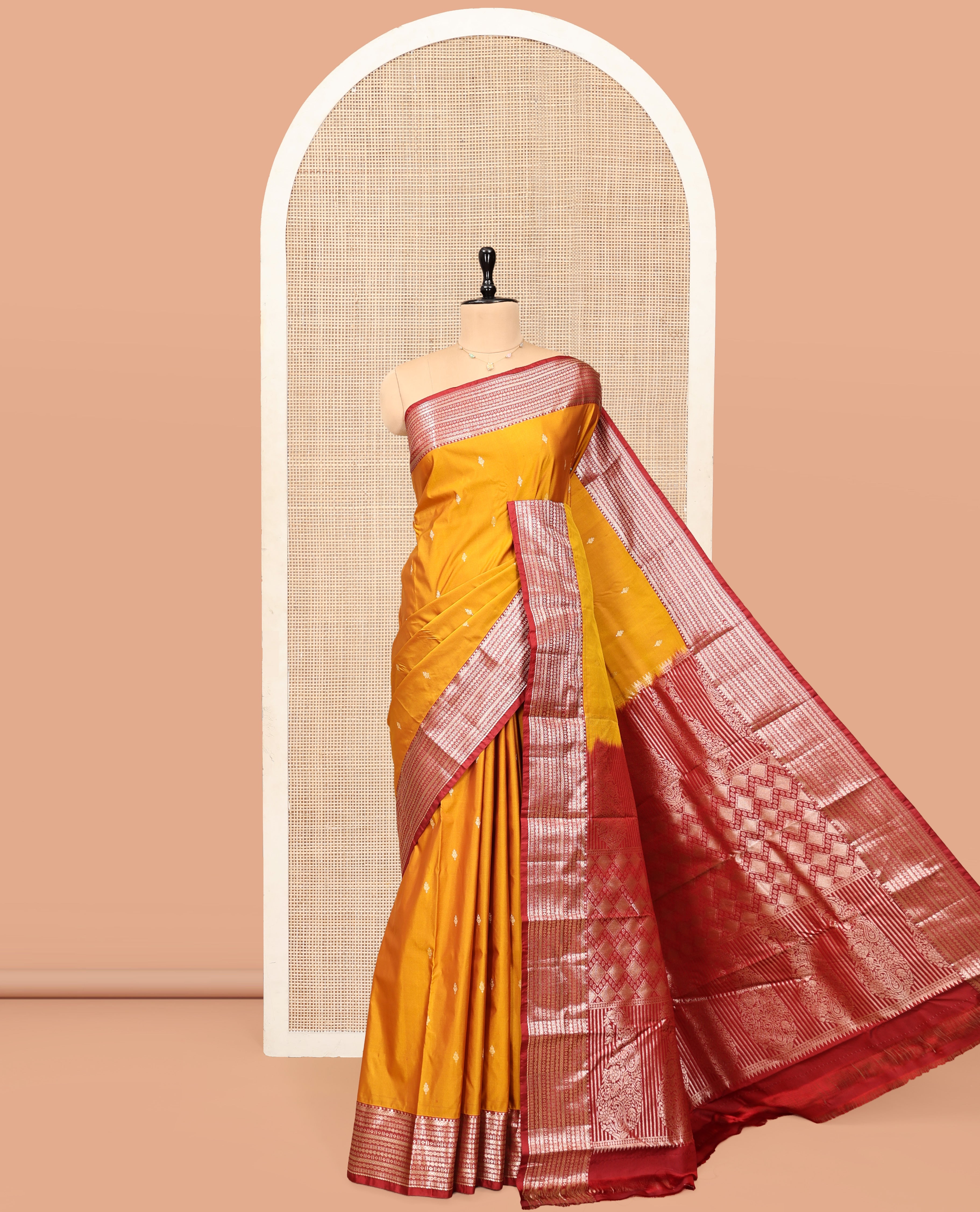 Orange Budget Silk Saree, Graced with Zari Buttas, Complemented by a Contrast Traditional Zari Border, Jaal Pallu, and Contrast Blouse