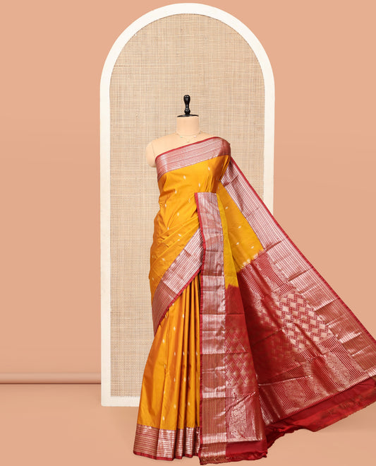 Orange Budget Silk Saree, Graced with Zari Buttas, Complemented by a Contrast Traditional Zari Border, Jaal Pallu, and Contrast Blouse