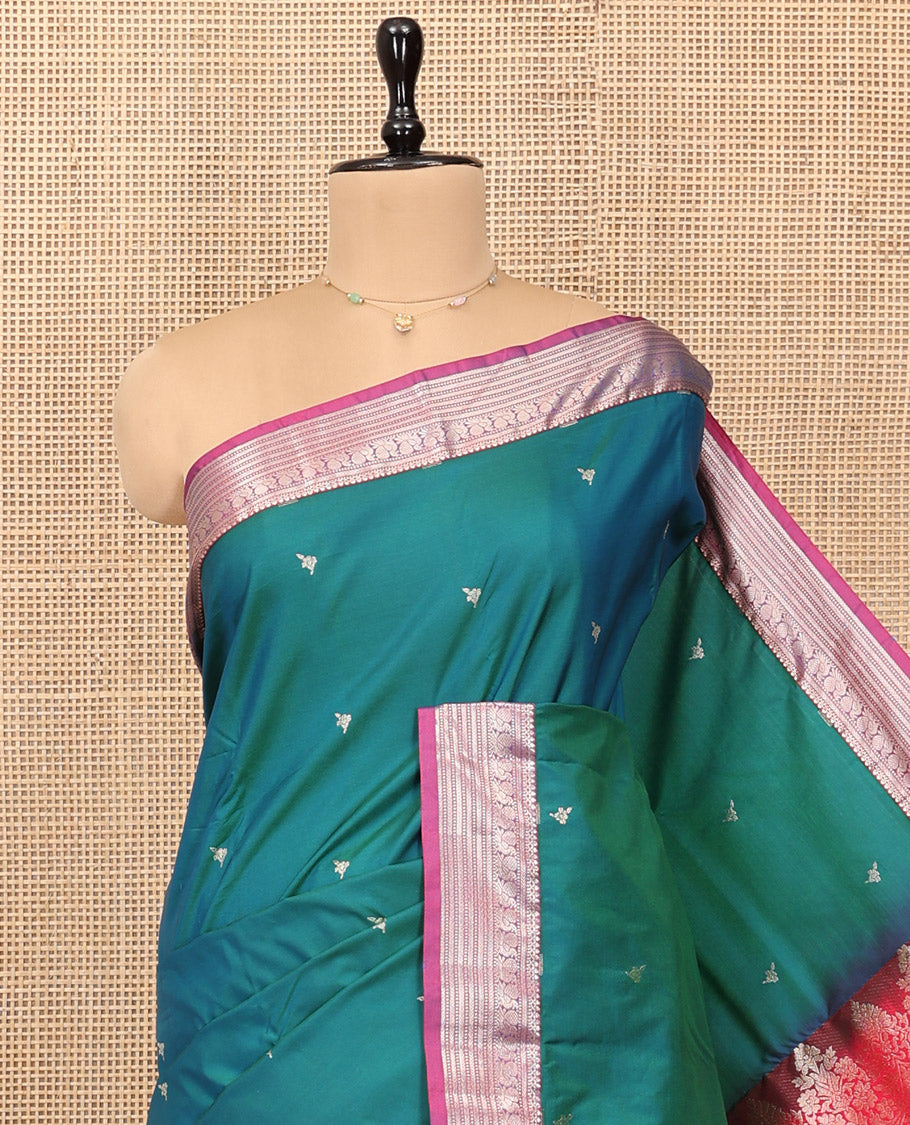 Teal Budget Silk Saree, Mesmerized with Zari Buttas, Complemented by a Contrast Traditional Zari Border, Pallu of Intricate Designs, and Contrast Blouse