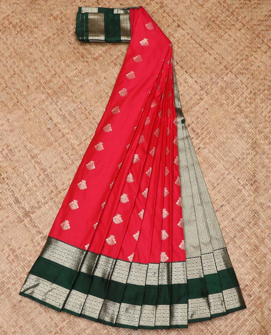 Red Budget Silk Saree Decorated with Peacock Zari Buttas, Highlighted with a Contrast Traditional Zari Design Rettai Pettu Border, Featuring a Sparsely Textured Pallu, and Paired with a Contrast Blouse