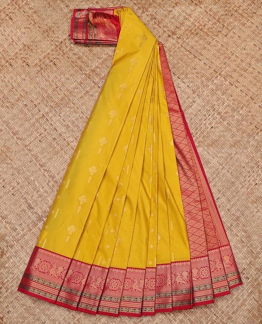 Yellow Budget Silk Saree, Delicately Woven with Zari Buttas All Over Its Body, Complemented by a Contrast Traditional Zari Border, Grand Jaal Pallu, and Paired with a Contrast Blouse