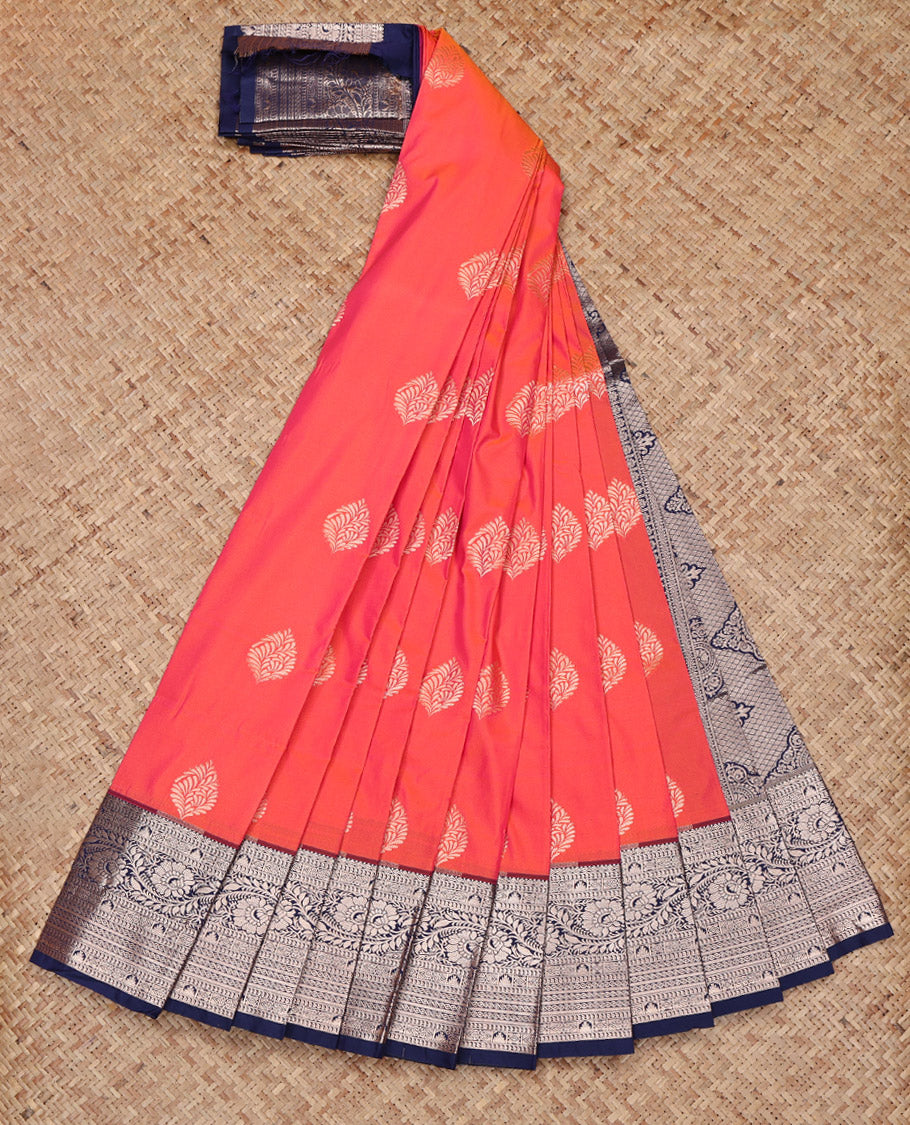 Orange Budget Silk Saree, Gleamed Up with Zari Buttas All Over Its Body, Complemented by a Contrast Traditional Zari Design Border, Grandly Decked Up Pallu, and Paired with a Contrast Blouse