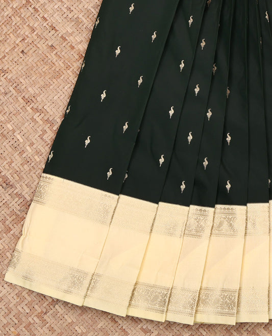 Deep Green Budget Silk Saree, Accentuated with Zari Buttas on Its Body, Complemented by a Contrast Traditional Zari Design Rettai Pettu Border, Sparsely Woven Pallu, and Paired with a Contrast Blouse