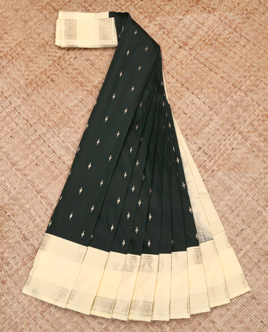 Deep Green Budget Silk Saree, Accentuated with Zari Buttas on Its Body, Complemented by a Contrast Traditional Zari Design Rettai Pettu Border, Sparsely Woven Pallu, and Paired with a Contrast Blouse