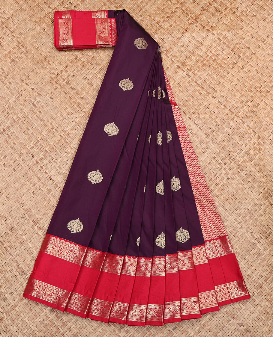 Wine Budget Silk Saree, Woven with Zari Buttas, Complemented by Contrast Traditional Zari Rettai Pettu Border, Grand Pallu and a Contrast Blouse