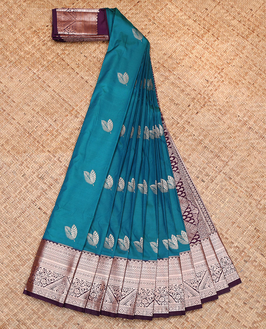 Blue Budget Silk Saree, Embellished with Leaf Buttas, Complemented by a Contrast Traditional Zari  Border, Grand Pallu, and a Contrast Blouse