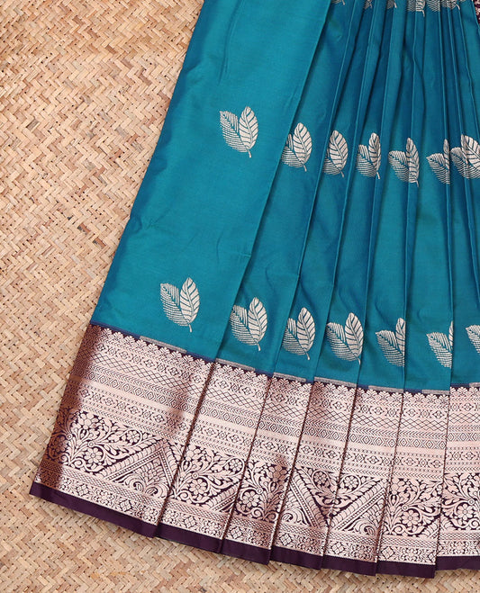 Blue Budget Silk Saree, Embellished with Leaf Buttas, Complemented by a Contrast Traditional Zari  Border, Grand Pallu, and a Contrast Blouse